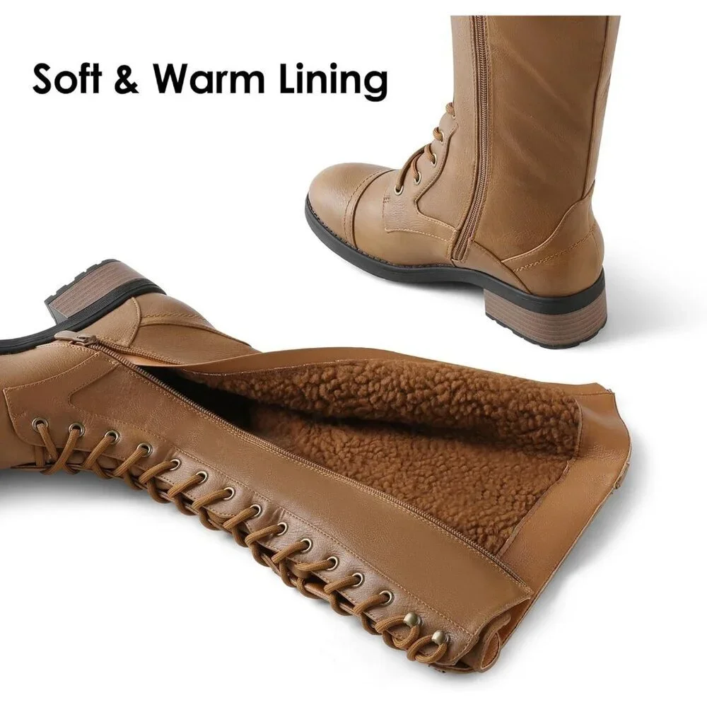 Women's Polyurethane Pu Georgia Camel Double buckle Knee High Riding Combat Boot